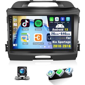 [2+64G] Android 13 Car Stereo for Kia Sportage 2010-2016 with Wireless Carplay&Android Auto,9 Inch Touch Screen Car Radio with Mirror Link GPS WiFi Bluetooth FM/RDS HiFi SWC Dual USB+Backup Camera