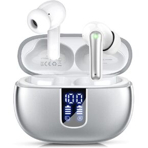 Ear Buds Wireless Earbuds - Bluetooth 5.3 Headphones (48H Playback) Built in Mic with LED Display Charging Case, IP7 Waterproof Earphone for iPhone Andriod Phones Laptop Sports Workout - Silvery