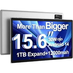 15.6 inch Large Android 14 Tablet, Big Screen with 1080P Full HD Display, 6GB RAM, 128GB ROM, 8 Core CPU, 30W PD Fast Charger with 12000mAh 12+Hours Long Battery Life, WiFi 6, 2025, Black