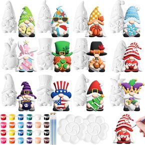 Kolldenn 12 Pcs Holiday Gnome Truck Vase Painting Kit Ceramics to Paint Your Own Statues DIY Statues with 24 Acrylic Paint 4 Brushes 2 Palette Unpainted Arts and Crafts for Shamrock Easter(Gnome)