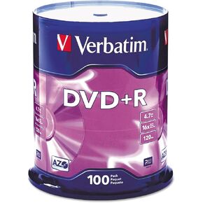 Verbatim 95098 DVD+R Discs, 4.7GB, 16x, Spindle, 100/Pack