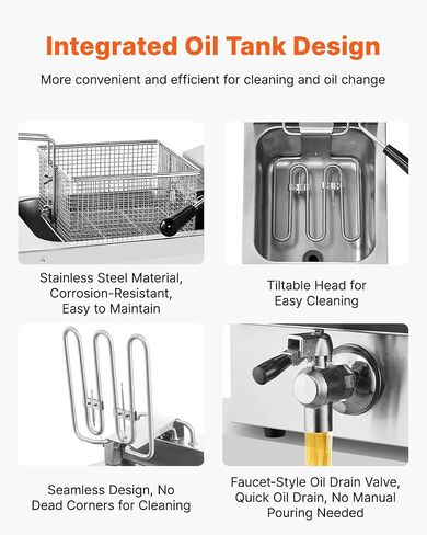 VEVOR Commercial Deep Fryer, 9Qt /8.5 L Single Oil Fryer, 1mm Thickened Stainless Steel, 1750W Electric Countertop Fryer with Basket, Time & Temp Control, for Kitchen Restaurant Use, Silver in Kuwait