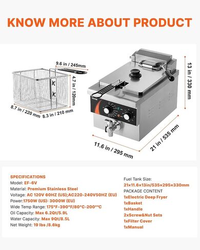 VEVOR Commercial Deep Fryer, 9Qt /8.5 L Single Oil Fryer, 1mm Thickened Stainless Steel, 1750W Electric Countertop Fryer with Basket, Time & Temp Control, for Kitchen Restaurant Use, Silver in Kuwait