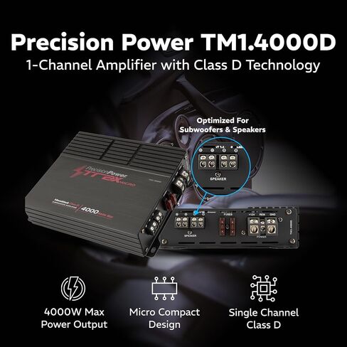 Precision Power Trax Micro Monoblock Class D Car Stereo Amplifier TM1.4000D – 4000W Single Channel Digital Subwoofer Amp with Wired Bass Control & High-Level Inputs for Powerful Audio in Saudi Arabia