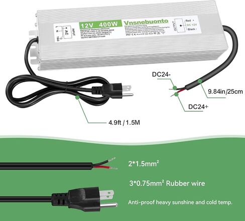 12V Power Supply 300W, 90-130V AC to 12V DC 25A Converter, IP67 Waterproof LED Driver, 12 Volt Low Voltage Transformer, Adapter with 3 Pin Plug for LED Light, Outdoor Indoor Use in Saudi Arabia