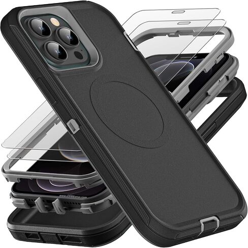 for iPhone 12 Pro Max Case, Military Grade 3 in 1 Heavy Duty Shockproof/Drop Proof/Dust Proof Case with 2Pcs Tempered Glass Screen Protector (Black/Grey) in Saudi Arabia