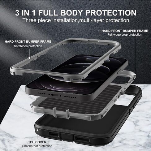 for iPhone 12 Pro Max Case, Military Grade 3 in 1 Heavy Duty Shockproof/Drop Proof/Dust Proof Case with 2Pcs Tempered Glass Screen Protector (Black/Grey) in Saudi Arabia