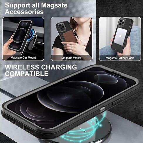 for iPhone 12 Pro Max Case, Military Grade 3 in 1 Heavy Duty Shockproof/Drop Proof/Dust Proof Case with 2Pcs Tempered Glass Screen Protector (Black/Grey) in Saudi Arabia