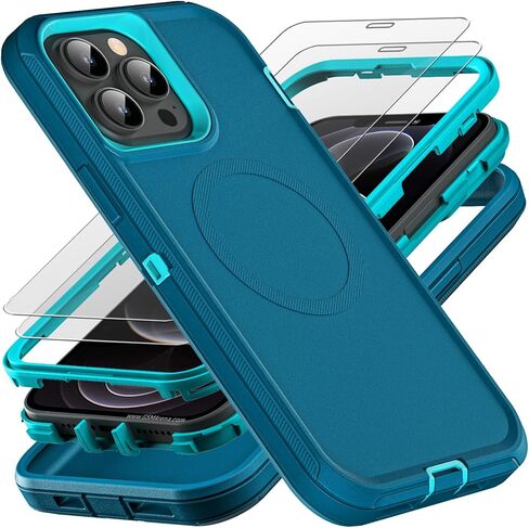 for iPhone 12 Pro Max Case, Military Grade 3 in 1 Heavy Duty Shockproof/Drop Proof/Dust Proof Case with 2Pcs Tempered Glass Screen Protector (Black/Grey) in Saudi Arabia