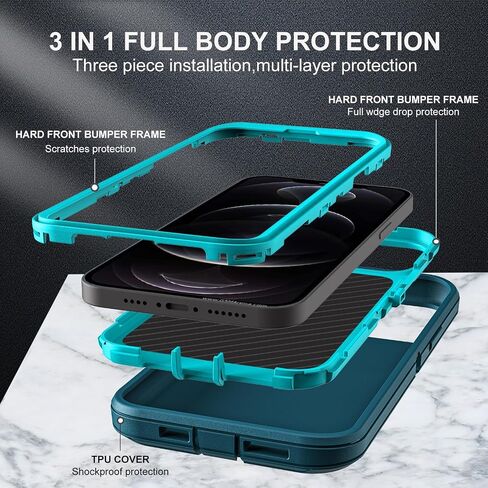 for iPhone 12 Pro Max Case, Military Grade 3 in 1 Heavy Duty Shockproof/Drop Proof/Dust Proof Case with 2Pcs Tempered Glass Screen Protector (Black/Grey) in Saudi Arabia