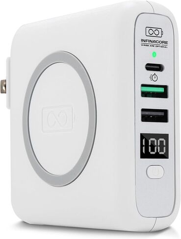 InfinaCore P3 8000mAh Portable Charger - 4-in-1 Fast Charging Power Bank Compatible w/iPhone - 18W Qi-Compatible USB C Charger Block - Travel Battery Pack w/Foldable Plug - White in Saudi Arabia