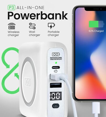 InfinaCore P3 8000mAh Portable Charger - 4-in-1 Fast Charging Power Bank Compatible w/iPhone - 18W Qi-Compatible USB C Charger Block - Travel Battery Pack w/Foldable Plug - White in Saudi Arabia