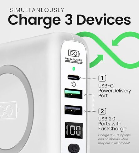 InfinaCore P3 8000mAh Portable Charger - 4-in-1 Fast Charging Power Bank Compatible w/iPhone - 18W Qi-Compatible USB C Charger Block - Travel Battery Pack w/Foldable Plug - White in Saudi Arabia