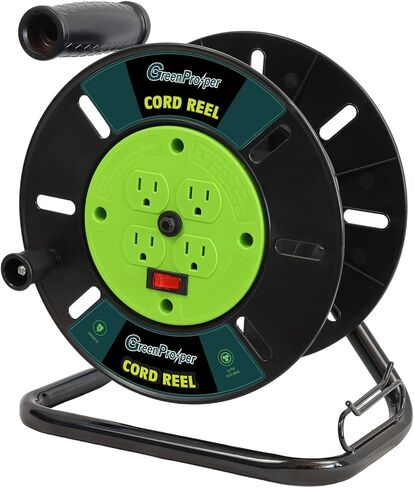 Extension Cord Storage Reel with 4-Grounded Outlets, Green Heavy Duty Open Cord Reel for 12/3 14/3 16/3 Power Cords, 10A Circuit Breaker, ETL Listed in Kuwait