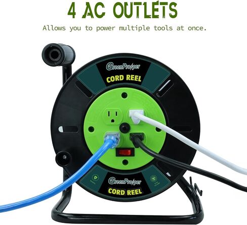 Extension Cord Storage Reel with 4-Grounded Outlets, Green Heavy Duty Open Cord Reel for 12/3 14/3 16/3 Power Cords, 10A Circuit Breaker, ETL Listed in Kuwait