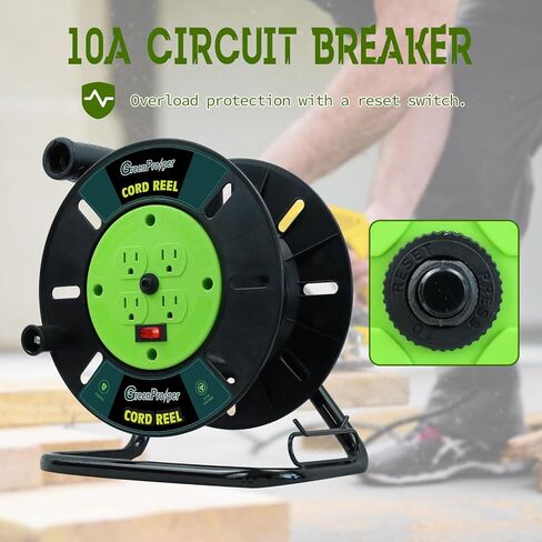 Extension Cord Storage Reel with 4-Grounded Outlets, Green Heavy Duty Open Cord Reel for 12/3 14/3 16/3 Power Cords, 10A Circuit Breaker, ETL Listed in Kuwait