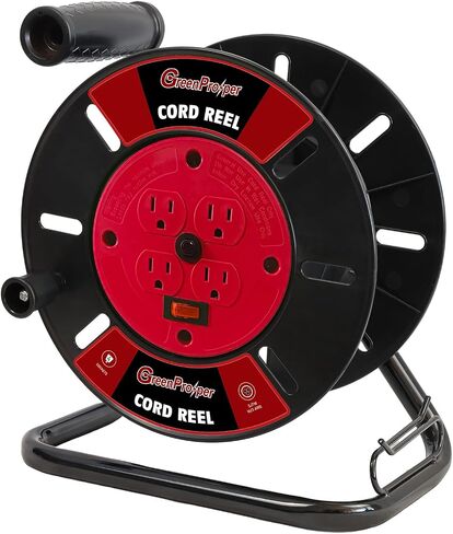 Extension Cord Storage Reel with 4-Grounded Outlets, Green Heavy Duty Open Cord Reel for 12/3 14/3 16/3 Power Cords, 10A Circuit Breaker, ETL Listed in Kuwait