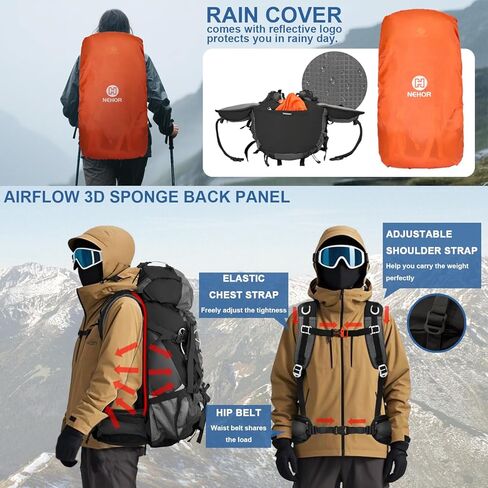 60L Hiking Backpack Water Resistant Camping Backpack with Rain Cover Large Outdoor Travel Daypack for Men Women (01-Black) in Kuwait