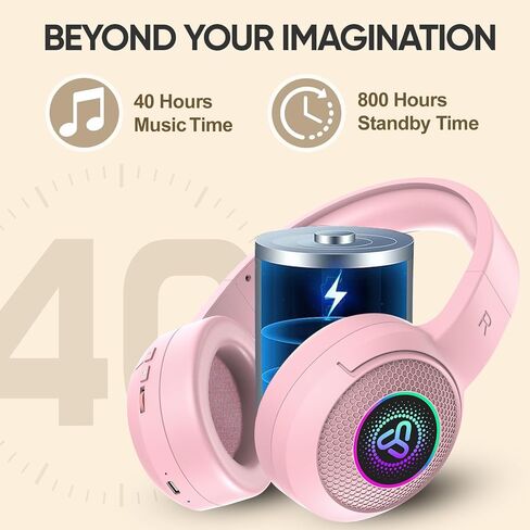 SDLOGAL Wireless Over Ear Headphones, Personalized Music & Game Audio, Wireless BT5.4 Headphones with Microphone, Up to 40 Hours Battery Life, Foldable Lightweight Headphones - Pink in Saudi Arabia