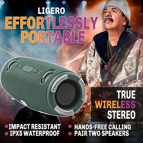 SANTANA BY CARLOS SANTANA Bluetooth Speaker- Effortlessly Portable True Wireless Stereo, Splash-Proof Design, Up to 24 Hours Playtime, Dynamic Sound, Integrated Controls | Ligero | Black in Saudi Arabia