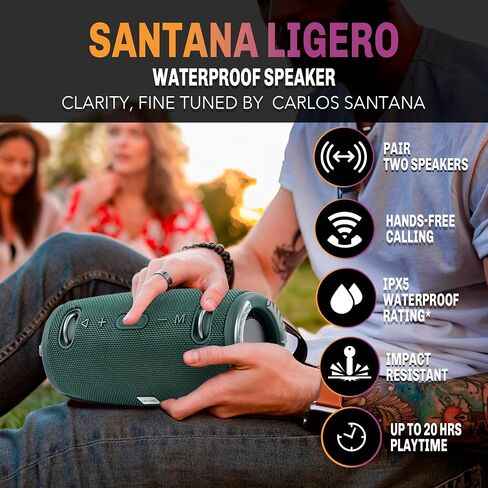 SANTANA BY CARLOS SANTANA Bluetooth Speaker- Effortlessly Portable True Wireless Stereo, Splash-Proof Design, Up to 24 Hours Playtime, Dynamic Sound, Integrated Controls | Ligero | Black in Saudi Arabia