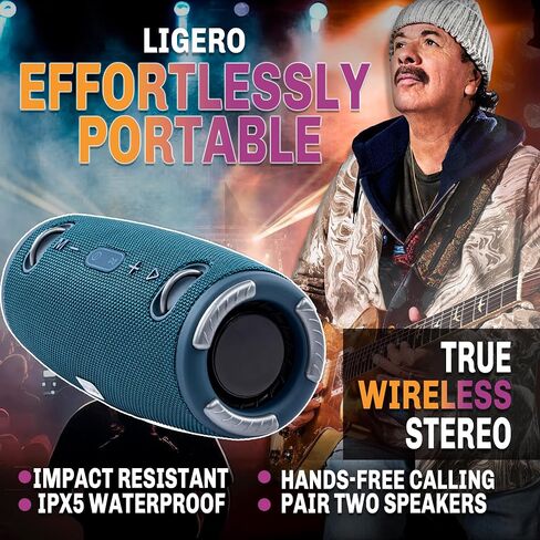 SANTANA BY CARLOS SANTANA Bluetooth Speaker- Effortlessly Portable True Wireless Stereo, Splash-Proof Design, Up to 24 Hours Playtime, Dynamic Sound, Integrated Controls | Ligero | Black in Saudi Arabia
