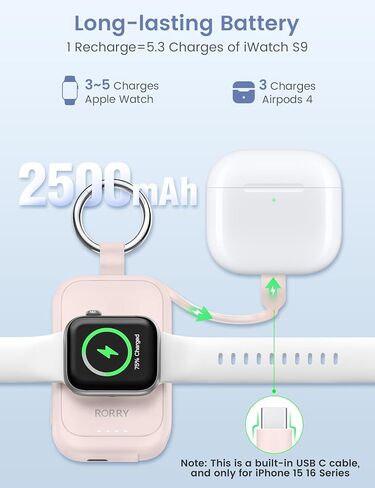 RORRY Portable Charger for Apple Watch, 2500mAh Fast Charging for iWatch Charger, Travel Essentials Gifts with Built-in USB C Cable for Apple Watch Series 10 9 8 7 6 5 Ultra 2 SE Accessories, Purple in Kuwait