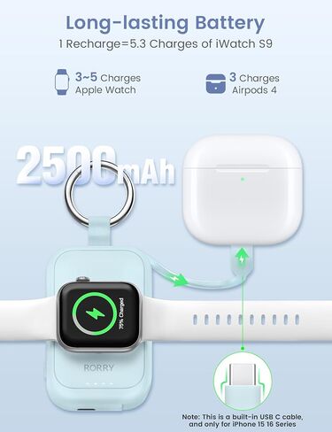 RORRY Portable Charger for Apple Watch, 2500mAh Fast Charging for iWatch Charger, Travel Essentials Gifts with Built-in USB C Cable for Apple Watch Series 10 9 8 7 6 5 Ultra 2 SE Accessories, Purple in Kuwait