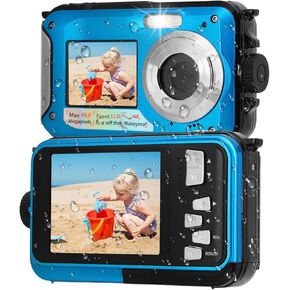 Underwater Camera, 11FT Waterproof Camera, Full HD 2.7K 48MP Autofocus Selfie Dual Screen Water Camera with Floating Strap, Fill Light Underwater Camera for Snorkeling (Yellow)