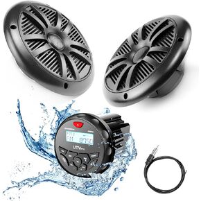 Marine Audio System Stereo Speaker Package, Bluetooth, MP3 USB AM FM Marine Stereo - 2 x 6.5 Inch Black Speakers, Antenna