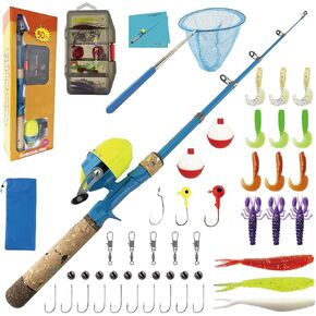 Kids Fishing Pole Set, Kids Fishing Rod and Reel Combo and Fishing Net Tackle Box with Lures Hooks and Bag for Boys Girls Youth Fishing