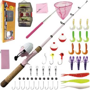 Kids Fishing Pole Set, Kids Fishing Rod and Reel Combo and Fishing Net Tackle Box with Fishing Lures Hooks and Bag for Girls Age Beginner Little Children Junior Anglers