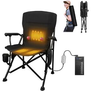 Heated Camping Chair, with 20000 mAh 12V Battery Pack, 3 Heat Levels and 3 Zone Heating, with Massage Function Outdoor Heated Folding Chair, Weight Bearing 600 lbs for Camp, Lawn,Fishing (Black)
