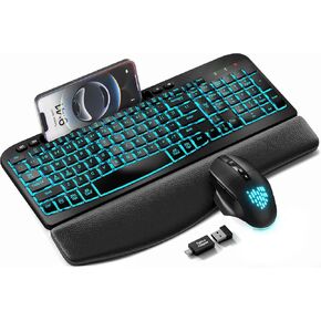 SABLUTE Wireless Keyboard and Mouse Combo - Ergonomic Wave Keyboard with Soft Leather Wrist Rest, Phone Holder, Rechargeable, RGB Backlit Mouse, Full-Size Cordless Set for Windows/Mac/Computer/Laptop