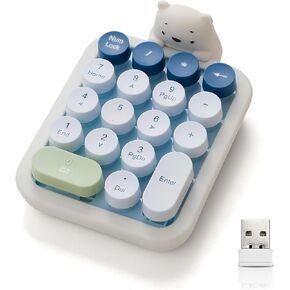 Lomiluskr Cute Wireless Numeric Keypad with Silicone Bear, Colorful Round Keycaps, 2.4G USB Wireless Connection, Portable Financial Accounting Numpad Number Keyboard, Suitable for PC, Laptop (Blue)