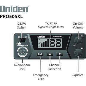 Uniden PRO505XL 40-Channel CB Radio. Pro-Series - Black & Roadpro 12V Fused Replacement Cigarette Lighter Plug with Leads (RPPS-225)