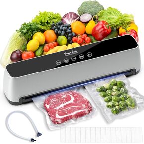 Vacuum Sealer, Compact 80 Kpa One-Touch Full Automatic Vacuum Sealer with LED Touch Screen Indicator Lights, 15 Seal Bags & 1 Air Suction Hose, Air Sealing System for Food Storage Dry/Moist Modes