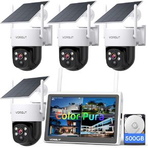 Solar Security Camera System Outdoor with 10'' Monitor, 4pcs 2K Solar Powered Home Security Cameras, Full Color Night Vision, 360° Pan Tilt, Human Detection, 2.4G/5G WiFi 10CH NVR with 500G HDD