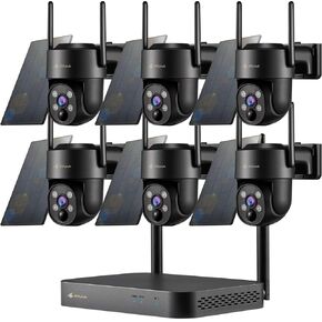 Kittyhok Black Solar Security Cameras Wireless Outdoor System, 5G/2.4G WiFi, 6pcs 2K Ultra Pan/Tilt Home Solar Security Camera with Human Detection, Spotlight, 10CH WiFi-6 NVR, 60 Days Local Storage