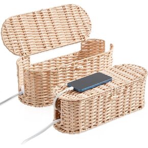 Fairyhaus Cable Management Box 2Pack Brown ، منسوجة يدويًا ، غطاء مربع منظم الكابلات ، لإخفاء الحبال وقطاع الطاقة ، مربع منظم الحبل المقلد لمكتب مكتب وأرضي