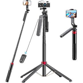 72", Selfie Stick Tripod, Portable Camera Tripod, All-in-1 Smartphone Stand,Travel Tripod,with Remote,for Video Recording, Vlogging, Live Streaming, Extendable for iPhone/Android (Aluminum)