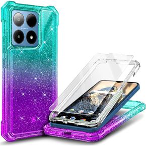 Designed for Boost Summit 5G Case with [Tempered Glass Screen Protector], Full-Body Protective Shockproof Rugged Bumper Cover Phone Case for Boost Mobile Summit 5G (Glitter Aqua/Purple)