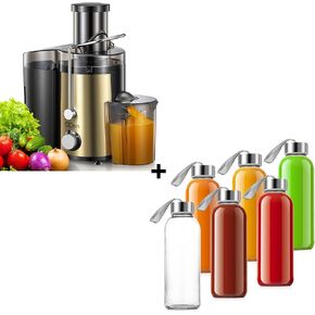 QCen 800W Juicer Machine Gold and 6PCS Glass Bottle Bundle
