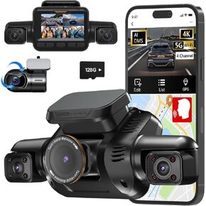 AI Dash Cam Front Rear Inside with Driver Monitor System, 360° Car Camera 4K, 4 Channel Camera for Cars Built-in WiFi GPS, Dashcam with 128GB SD Card, Night Vision, 24H Parking Mode, Upgrade DMS V8Pro