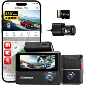 REDTIGER 530° All-Round 3 Channel Dash Cam, 2.5K+2.5K+1080P Front Rear and Inside Triple Car Dash Camera include128GB Card, Touch Screen, IR Night Vision, Built-in WiFi GPS, Parking Mode(VP20)