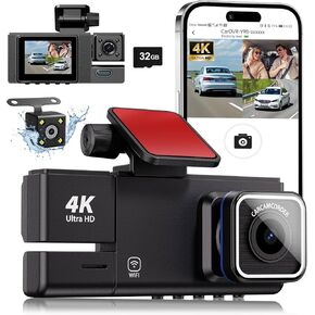 3 Channel Dash Cam, 5G WiFi Dash Camera for Cars, 4K UHD Dash Cam Front and Rear, Car Camera with Night Vision, 24 Hours Parking Monitor, Loop Recording, HDR, App Control
