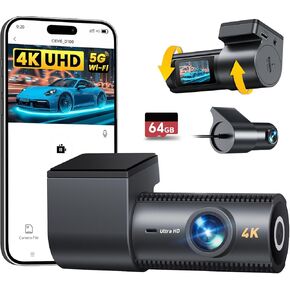 4K DASH CAM الأمامي والخلفي ، بطاقة SD 64 جيجابايت ، كاميرا CARD 1.5 بوصة ، 4 جيجا هرتز WIFI+التحكم في التطبيق ، الرؤية الليلية ، وضع وقوف السيارات على مدار 24 ساعة ، مستشعر G ، WDR ، زاوية واسعة 170 درجة ، 4K+1080P كاميرا DASH DASH للسيارات