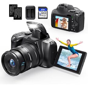 4K Digital Cameras for Photography, 12X Optical Zoom 72MP Vlogging Camera for YouTube with 270°Flip Screen, Autofocus & Anti-Shake Camera, 59mm Wide Angle & Macro Lens, 2 Batteries, 32GB SD Card