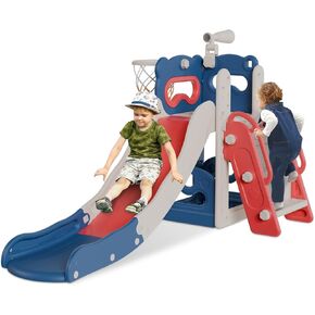 Babytronic Toddler Slide, 7 in 1 Kids Indoor Slide Set for 1-3, Indoor Outdoor Toddler Playset Playground with Basketball Hoop and Telescope (White&Gray)
