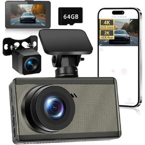 4K Dash Cam Front and Rear Ultra HD Dual Dash Camera for Cars 4K+2K 3'' IPS Screen Dash Cam for Cars with App, 64GB Card Free, WDR, Super Night Vision, 24 Hours Parking Mode, G-Sensor, 160°Wide-Angle